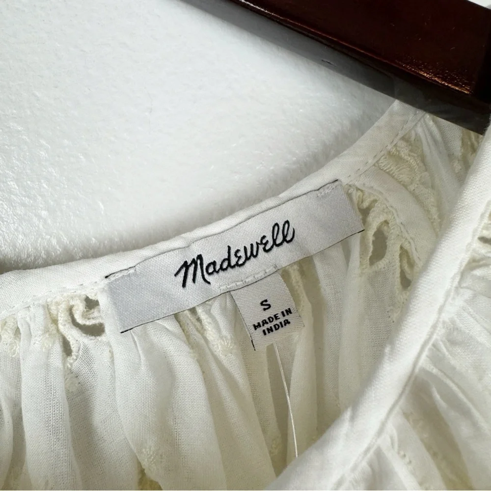 Madewell Embroidered Floral Cutouts Shirred Puff-Sleeve Top Cream Size S NWT